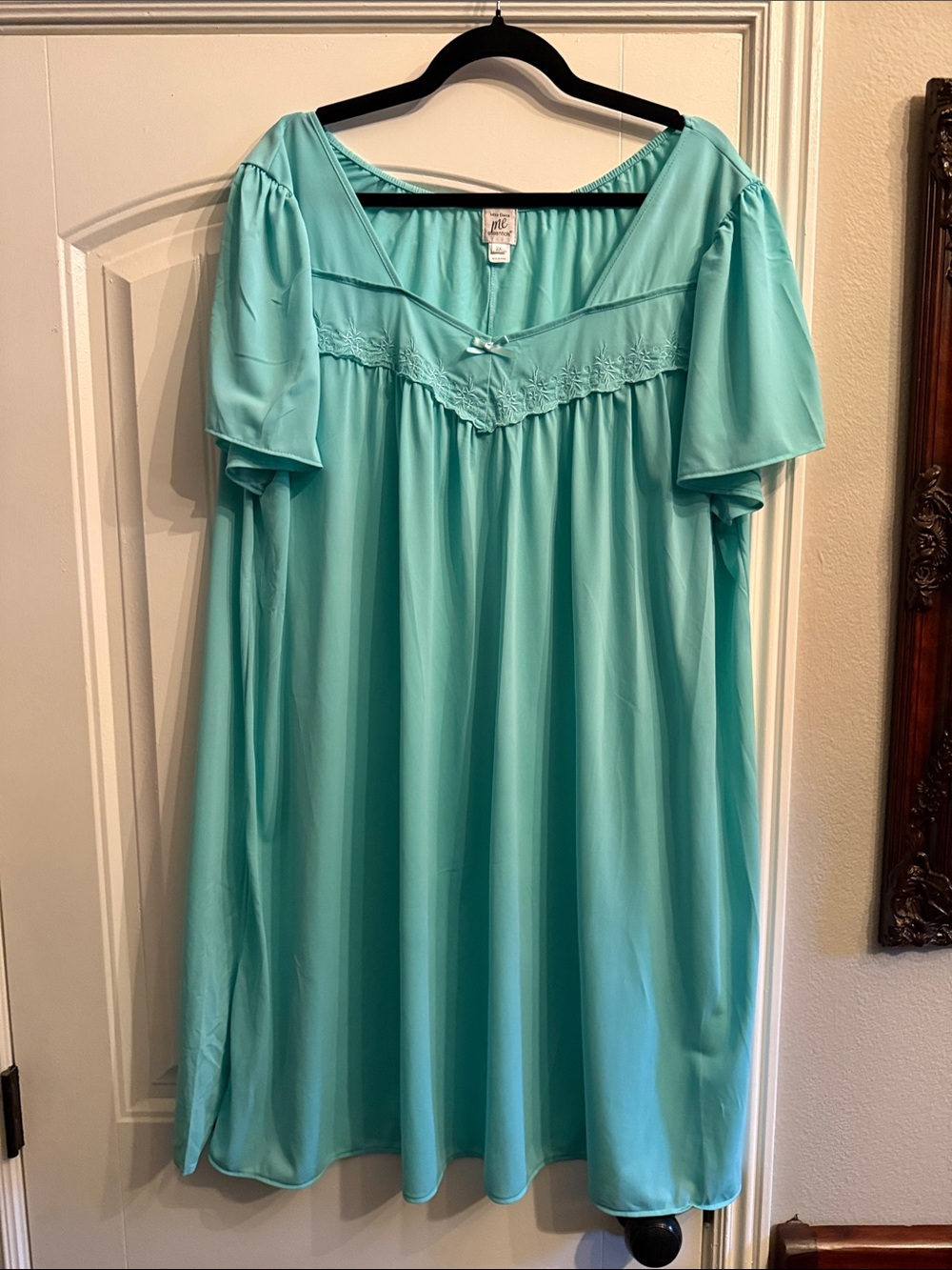 Miss Elaine Aqua Blue Short-Sleeve Nylon Nightgown